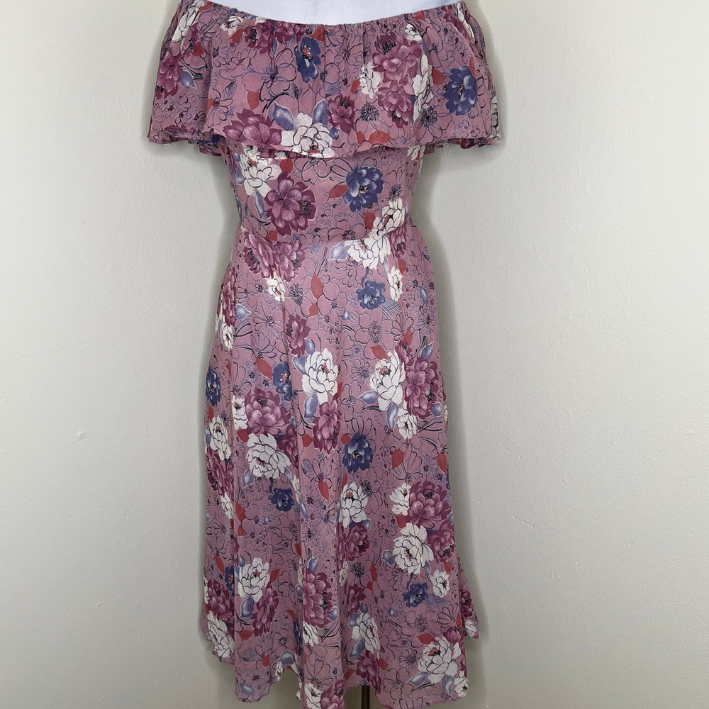 Vtg Samuel Blue Midi Dress 14 Off The Shoulder Prairie Floral Cottagecore 80s